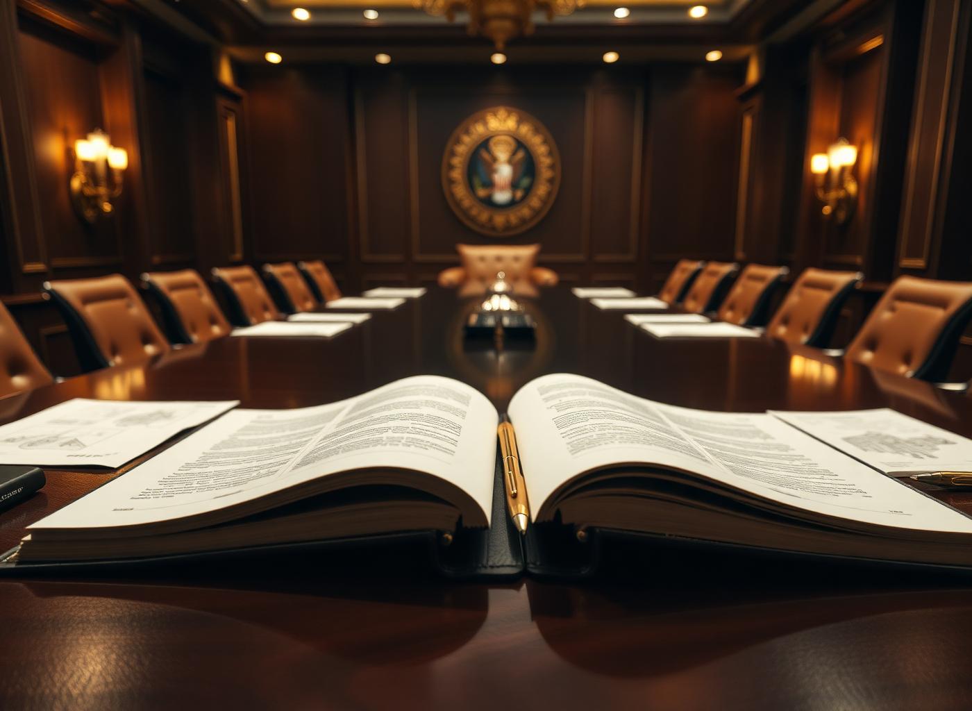 Government boardroom with open contract binders